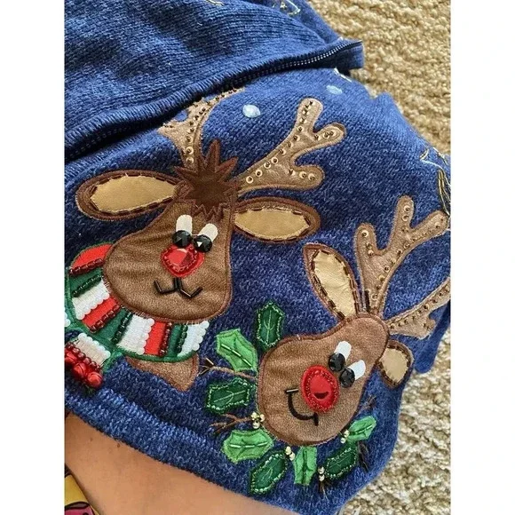 Vintage Ms Lee Christmas Sweater Cardigan Women's Large Embroidered Reindeer - Picture 7 of 16